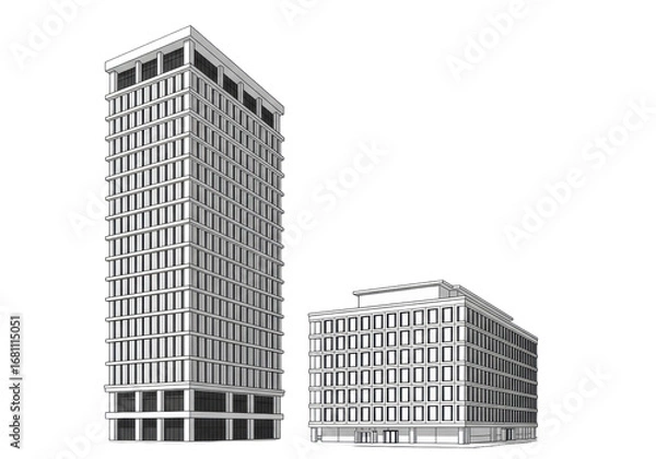 Fototapeta Isolated view of architectural concept buildings, tall skyscraper and smaller commercial building