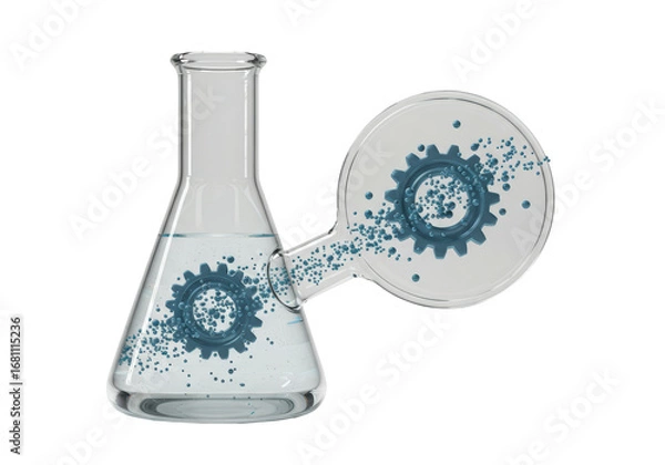 Fototapeta Isolated liquid experiment, engineering chemistry with flasks, beaker, gear, bubbles, concept