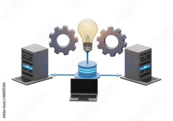Fototapeta Isolated Innovative technology concept with server, cloud, laptop, gear, and lightbulb