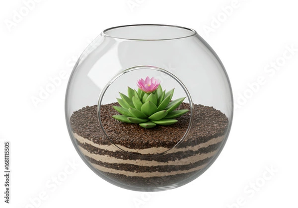 Fototapeta Isolated decorative terrarium in glass bowl with succulent, layered soil inside, modern style