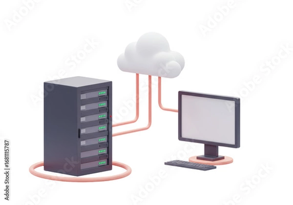 Fototapeta Isolated Network Cloud with Server Rack and Computer, Connectivity and Data Transmission