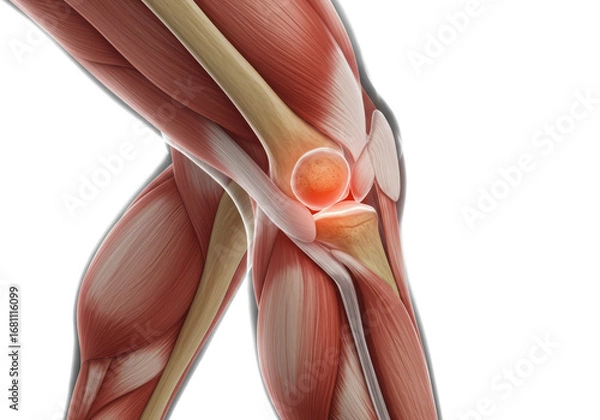 Fototapeta Isolated Human Leg Anatomy with Knee Muscles and Tendons in 3D View for Educational Use