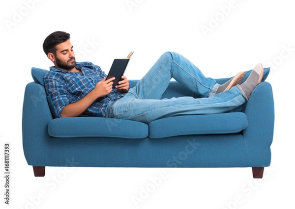 Fototapeta Young Man Relaxing on a Blue Sofa, Engaged in Reading a Book Comfortably isolated on a transparent background