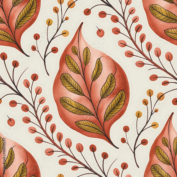 Fototapeta Indian Style Leaf Pattern with Red Accents