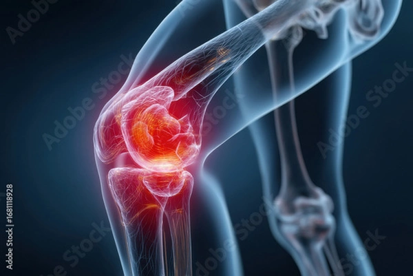 Fototapeta a human body showing internal anatomy of the knee joint, early signs of arthritis, slight cartilage wear and joint inflammation