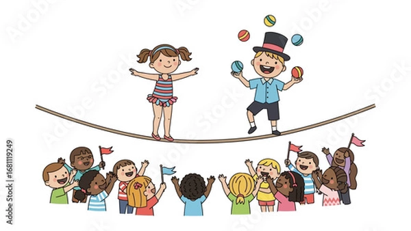 Fototapeta Children's Circus: A delightful scene unfolds as children perform acts of a circus, showcasing the joy of juggling, tightrope walking, and pure fun! 
