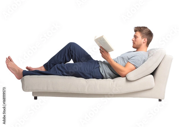 Fototapeta Relaxed Young Man Reading Book on Sofa isolated on a transparent background