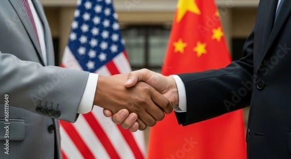 Fototapeta Two individuals shake hands in front of flags representing United States and China, symbolizing diplomatic relations and cooperation during a formal meeting