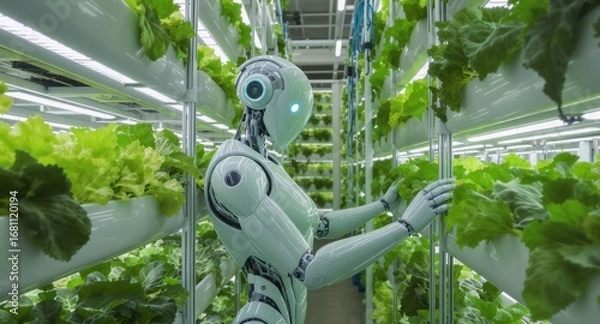 Fototapeta Robotic assistant navigates through rows of lush green lettuce in a hydroponic vertical farm during daytime. Technology enhances sustainable agriculture practices