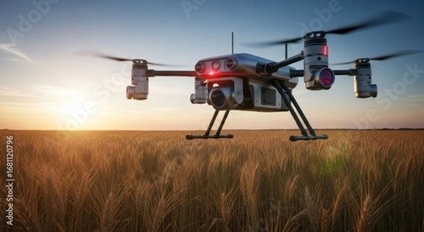 Fototapeta Drone hovers above wheat field during sunset, capturing data for improving crop management. Golden light highlights the textured landscape and surrounding environment