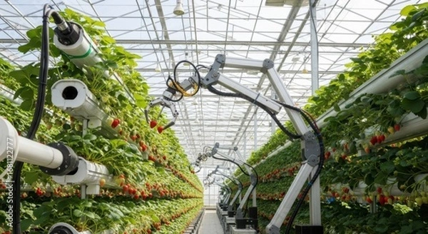 Fototapeta Robotic arms assist in the cultivation of strawberries in a modern greenhouse filled with vibrant plants. Automated systems improve efficiency in harvesting, ensuring optimal growth conditions