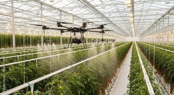 Fototapeta A drone is actively spraying crops in a large greenhouse filled with tomato plants. Rows of green plants are well-maintained under bright overhead lights. Technology enhances agricultural efficiency