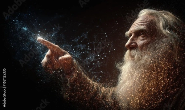 Fototapeta Elderly man points to digital light