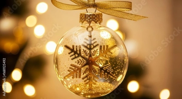 Fototapeta Close up of a clear glass Christmas ornament with a snowflake inside and bokeh lights in the background.