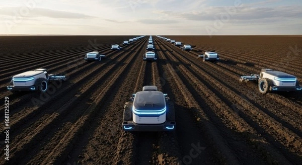 Fototapeta Autonomous farming vehicles with glowing lights maneuver in straight rows across expansive fields of freshly plowed soil at sunset. Dust rises as they efficiently prepare the land for planting