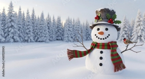 Fototapeta Festive Snowman with Holly Hat and Striped Scarf, Accompanied by a in a Winter Forest Wonderland with Falling Snow