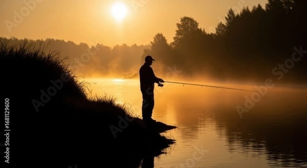Fototapeta Fisherman stands on riverbank while casting line into tranquil water. Surrounding trees are bathed in golden light. Mist rises from surface as sun rises on peaceful morning