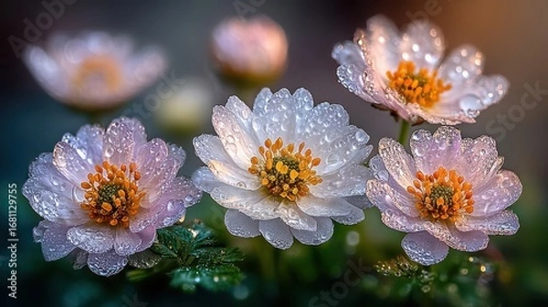 Fototapeta Delicate dew-kissed flowers nature setting close-up photography serene environment macro view botanical beauty
