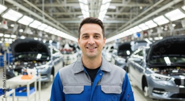 Fototapeta Mechanic stands proudly in automobile factory surrounded by multiple cars with hoods open. Bright lights illuminate the busy workspace reflecting a day of hard work and teamwork