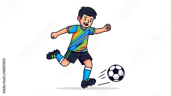 Fototapeta Young Football Prodigy: A vibrant illustration captures a young boy's dynamic moment, mid-kick, launching a soccer ball, showcasing the energy of sports and youth.