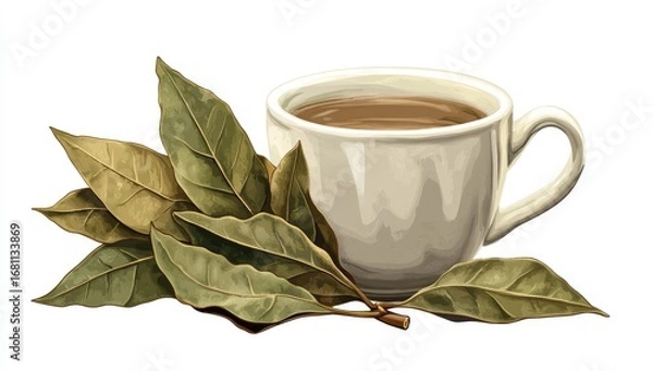 Fototapeta A cup of bay leaf tea isolated on a white background
