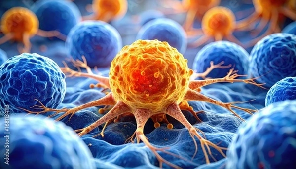 Fototapeta A colorful microscopic view showing cancer cells with distinct shapes and structures among other cells, highlighting biological interactions at a cellular level.