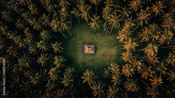 Fototapeta Aerial view of a serene pavilion surrounded by lush palm trees tropical landscape nature photography peaceful environment