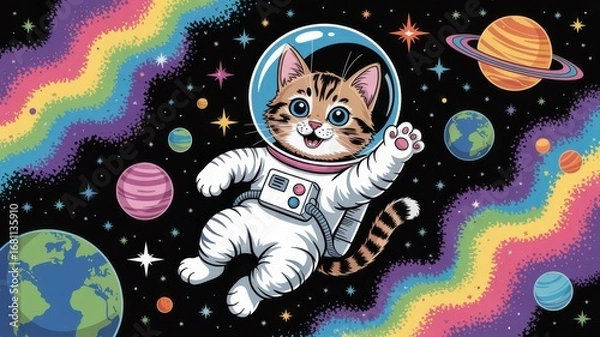Fototapeta Cat in spacesuit floats happily in outer space, surrounded by colorful planets and twinkling stars. Bright rainbow waves create a fantastical atmosphere in universe