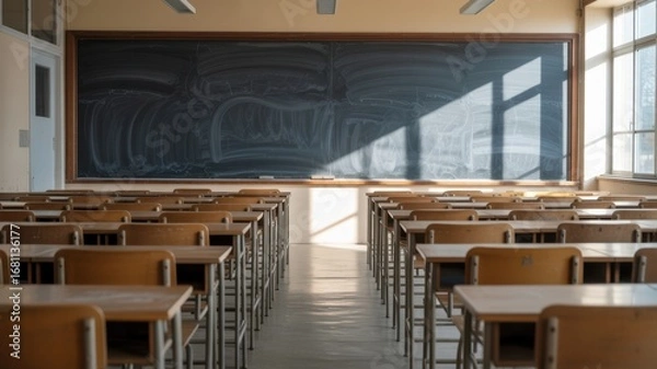 Fototapeta Classroom features rows of wooden desks aligned toward a large chalkboard. Sunlight enters through windows, creating a bright atmosphere. The space is quiet and ready for learning