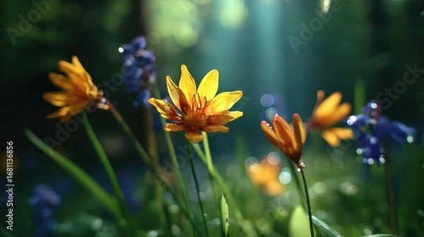 Fototapeta Captivating spring bloom wildflowers in a sunlit forest nature photography serene environment close-up view botanical beauty