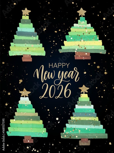 Fototapeta Watercolor Christmas trees and gold splatter on black background with Happy New Year 2026 greeting. Perfect for festive cards, invitations, and seasonal design. Vector