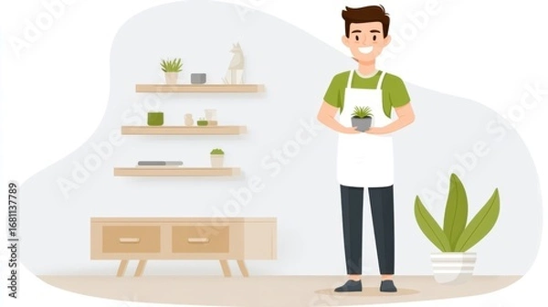 Fototapeta Gardening enthusiast home interior digital illustration modern living room front view indoor plant care concept