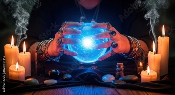 Fototapeta Mystic figure surrounded by glowing candles and crystal ball. Hands gently hold the orb, creating an atmosphere of intrigue and divination. Soft smoke swirls, adding to the mystical ambiance
