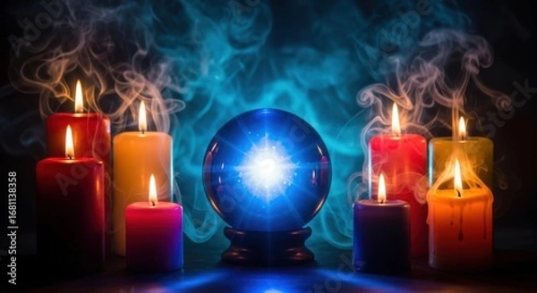 Fototapeta Candles in various colors illuminate a crystal ball that shines brightly, surrounded by swirling smoke, creating a mystical atmosphere in dim lighting