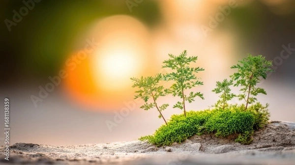 Fototapeta Growing resilience tiny green plants thrive at sunset on soft sand nature photography tranquil environment close-up view