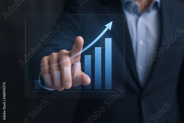 Fototapeta Businessman Analyzes Business Growth Chart on Digital Interface, Demonstrating Positive Trend and Financial Success