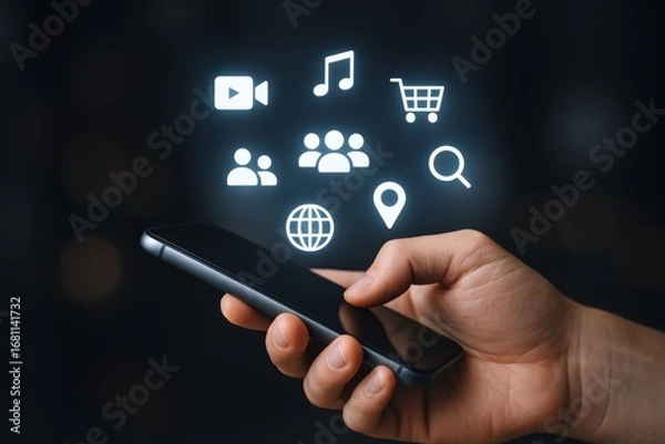 Fototapeta Smartphone User Navigating Digital Applications: Business Communication and Online Marketing Technology Interface with Handheld Device