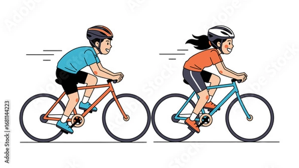 Fototapeta Cycling Duo: Two cyclists, a boy and a girl, cycle forward with determination. Ready for adventure and teamwork
