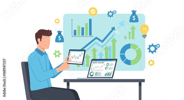 Fototapeta Modern concept of financial management and data analysis featuring a businessman working on a digital dashboard for market strategy
