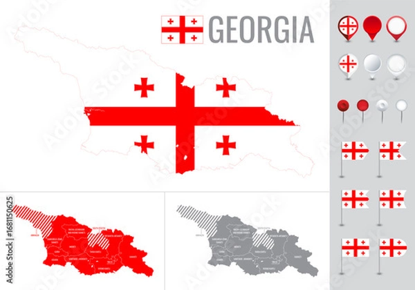 Fototapeta Georgia vector map with flag, globe and icons on white background