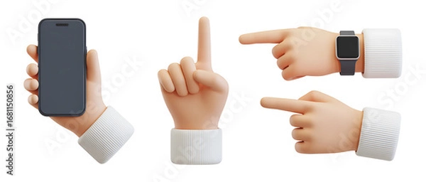 Fototapeta 3d illustration of collection of 3d cartoon hands with smartphone and pointing fingers isolated on white isolated on transparent background