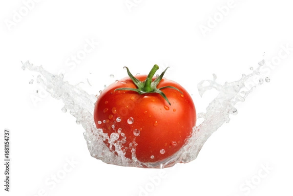 Fototapeta Red tomato splashing in white liquid isolated on transparent background