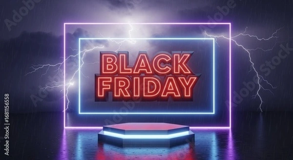 Obraz Striking 'Black Friday' Neon Sign on Futuristic Podium Amidst Dramatic Lightning Storm and Rain