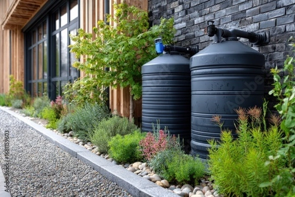 Fototapeta Rainwater collection system beside modern house with greenery Generative AI
