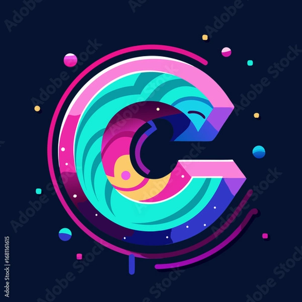 Fototapeta Vibrant abstract letter c design with colorful geometric shapes and playful dots against a dark background