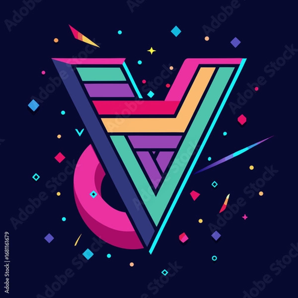 Fototapeta Vibrant geometric abstract design with colorful stripes and floating shapes on a dark background
