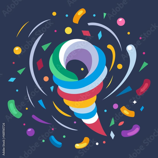 Fototapeta Colorful abstract tornado shape with swirling confetti and festive elements on a dark background