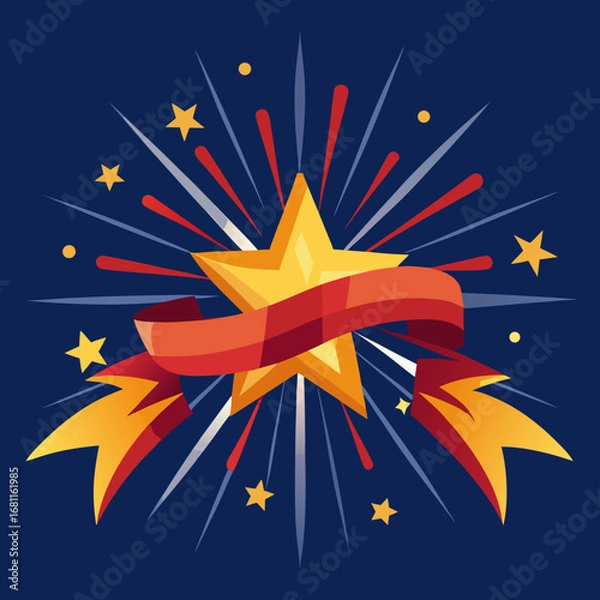 Fototapeta Golden star with red ribbon and bursting fireworks on dark blue background