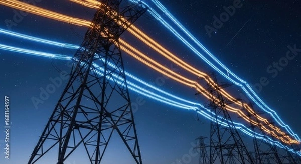 Fototapeta Electrifying the night: illuminated power lines transmit energy across the skyline