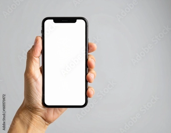 Fototapeta Hand holding modern smartphone with blank white screen against neutral gray backdrop, showcasing technology and connectivity in a simple, minimalist style.